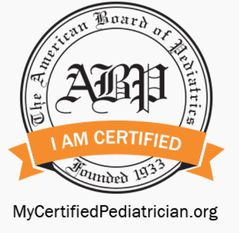 Seal of American Board of Pediatrics with I AM CERTIFIED banner.